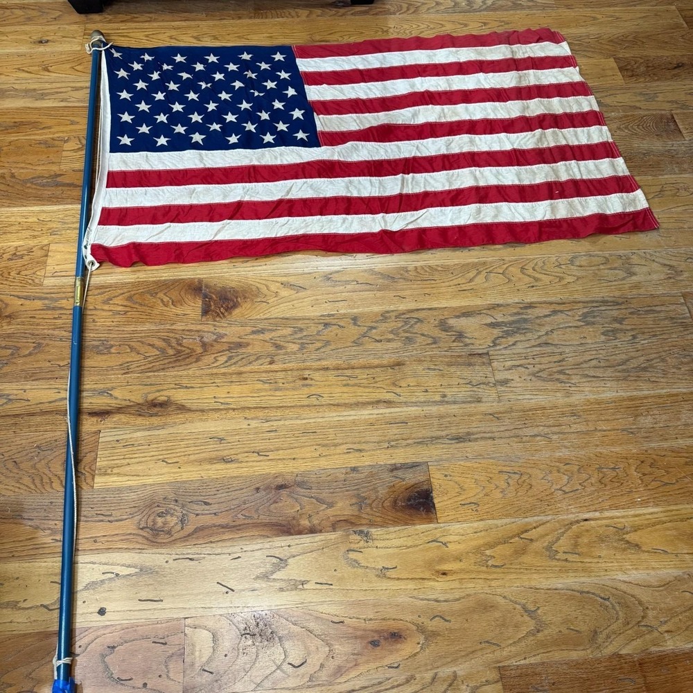 Vintage 50 Star American Flag w/ Original Box Blue Wood Pole Montgomery Ward 3x5 - Picture 2 of 15